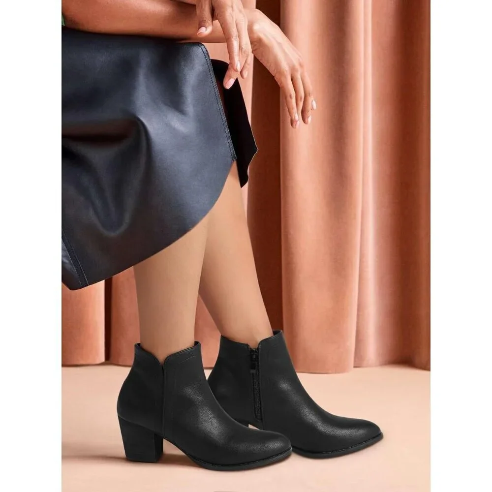 Women's Black Pu Ankle Chunky Heeled Almond Toe Short Zipper Faux Suede Booties